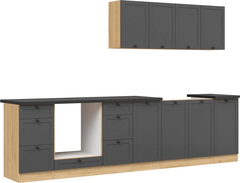 Set bucatarie JUNONA LINE, gri grafit/stejar, PAL, 300 cm, cu blat neg