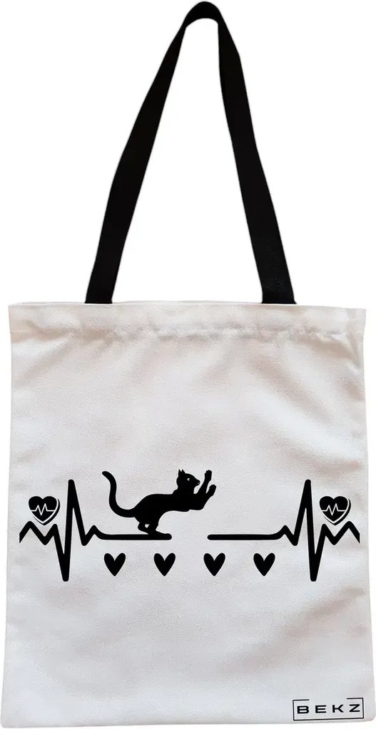 Sacosa de Panza pentru Cumparaturi, Geanta Tote, model Cat Love 2, Cu fermoar, 38x34.5 cm, Alba, BEKZ®