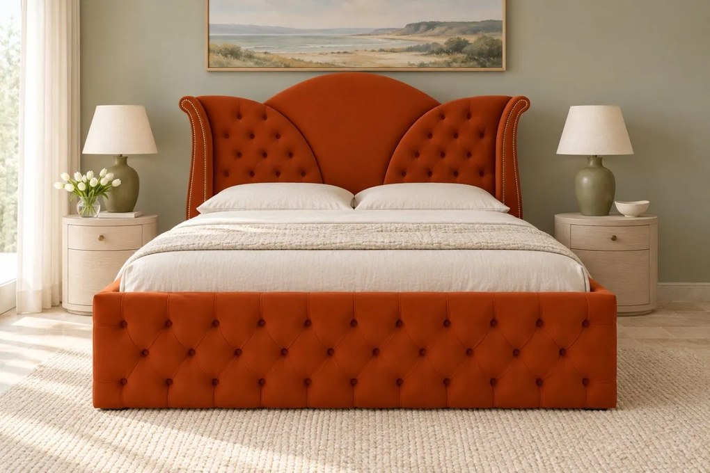 Pat tapițat Chesterfield din catifea Velora 180×200 cm, cărămiziu, cu ladă de depozitare