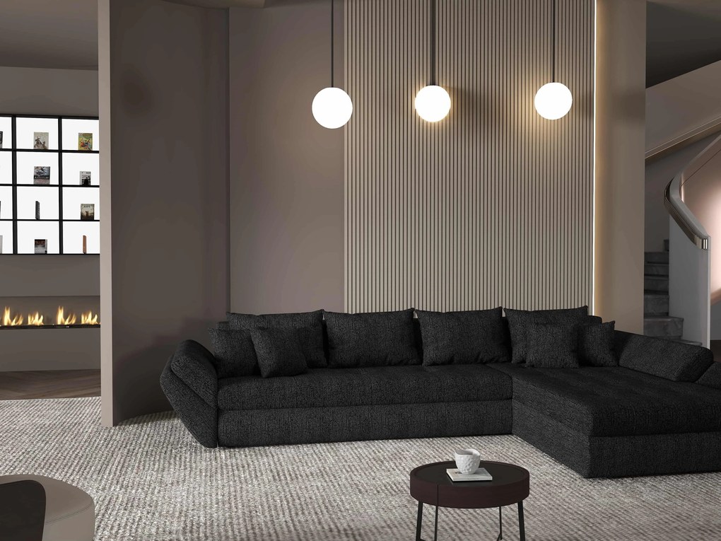 Colțar extensibil dumonde cu ladă de depozitare si sezut confortabil din spuma high-density, Loana XL Enjoy Negru II 335x185 cm