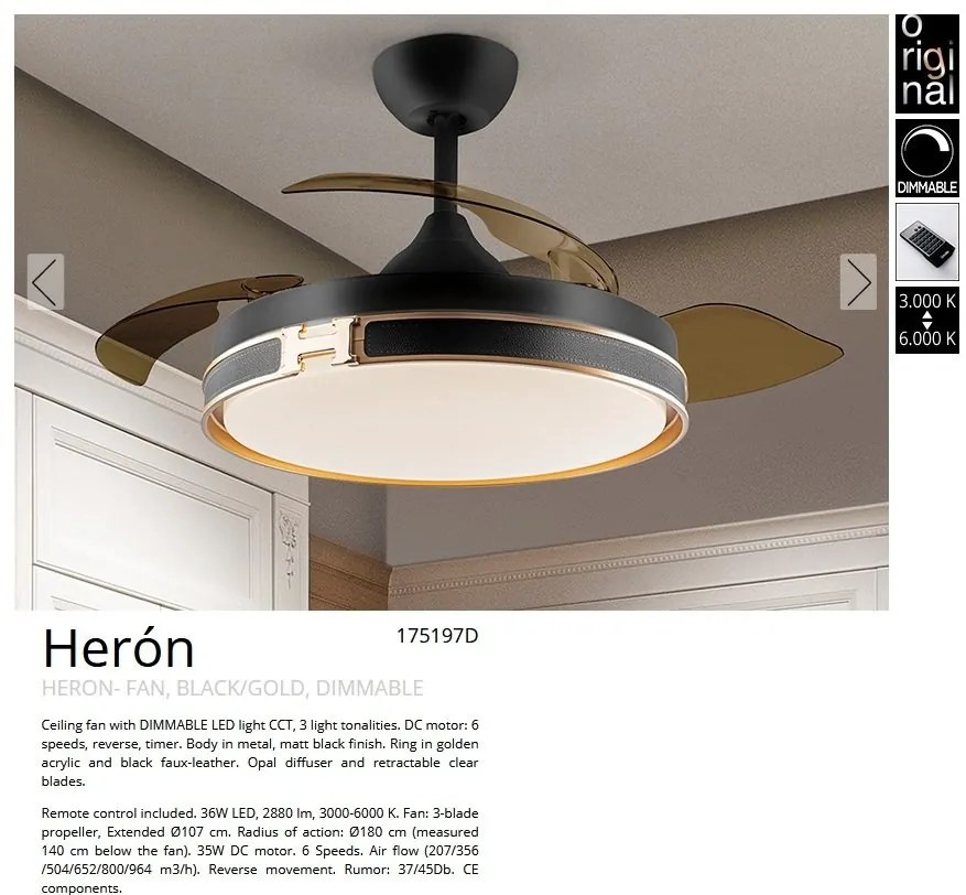 Lustra LED cu Ventilator si telecomanda, lame retractabile HERON negru/auriu
