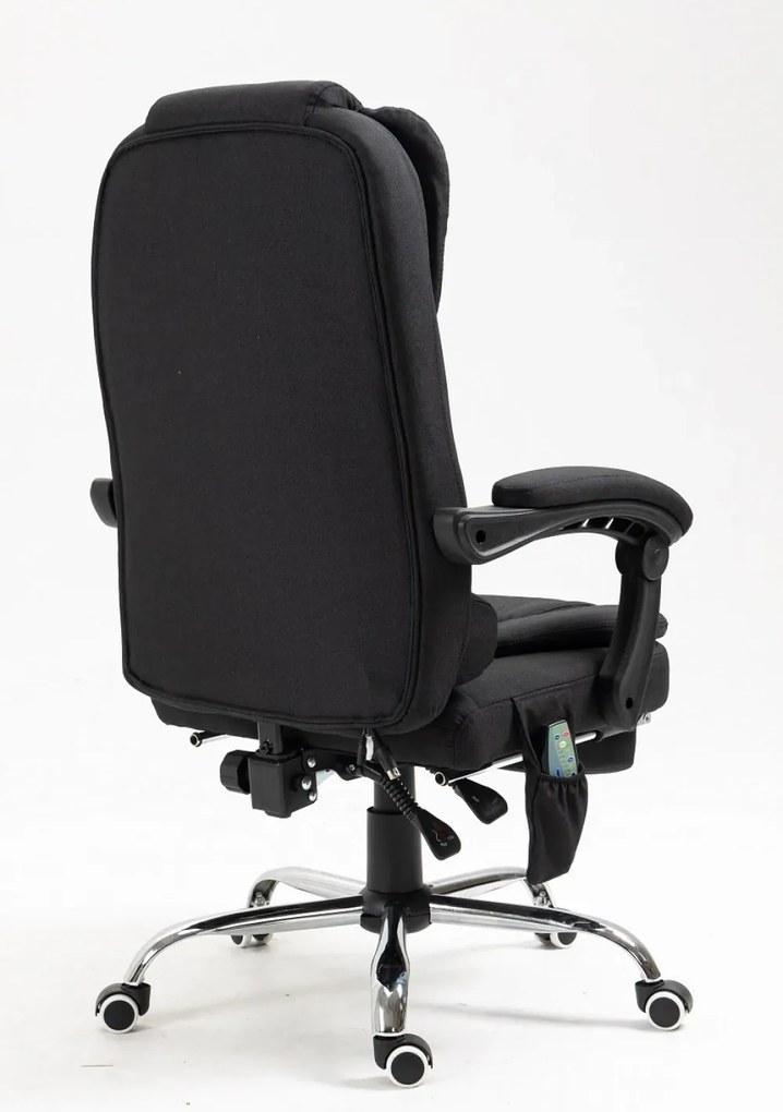 Scaun directorial cu Masaj și Încălzire, funcție șezlong, suport picioare, material textil, Negru