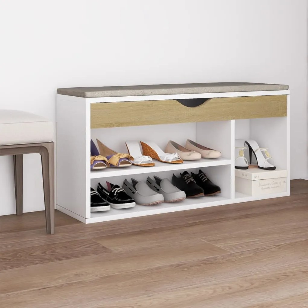 vidaXL Pantofar, pernă, alb/stejar sonoma, 104x30x49 cm lemn prelucrat