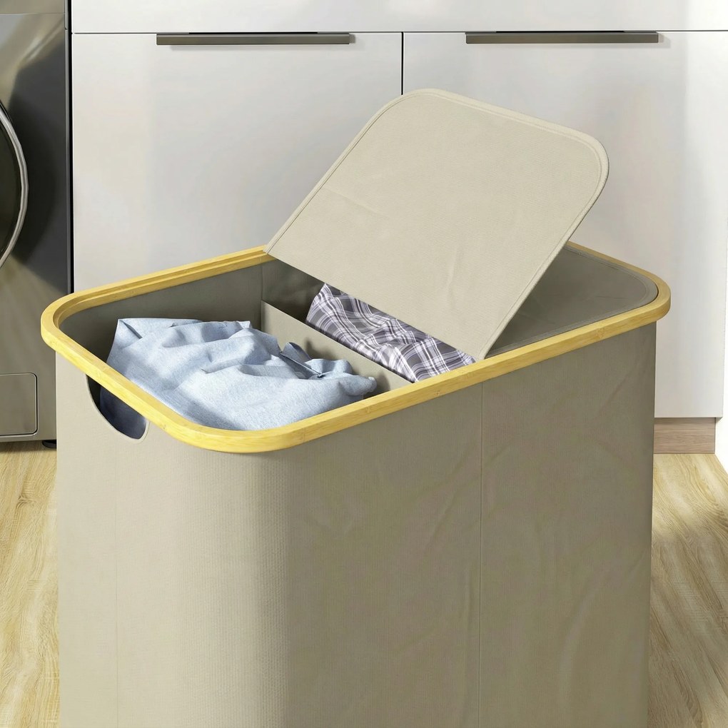 HOMCOM Coș pentru rufe dublu pliabil 80 l coș pentru rufe murdare cu capac, mânere canelate, bej | Aosom Romania