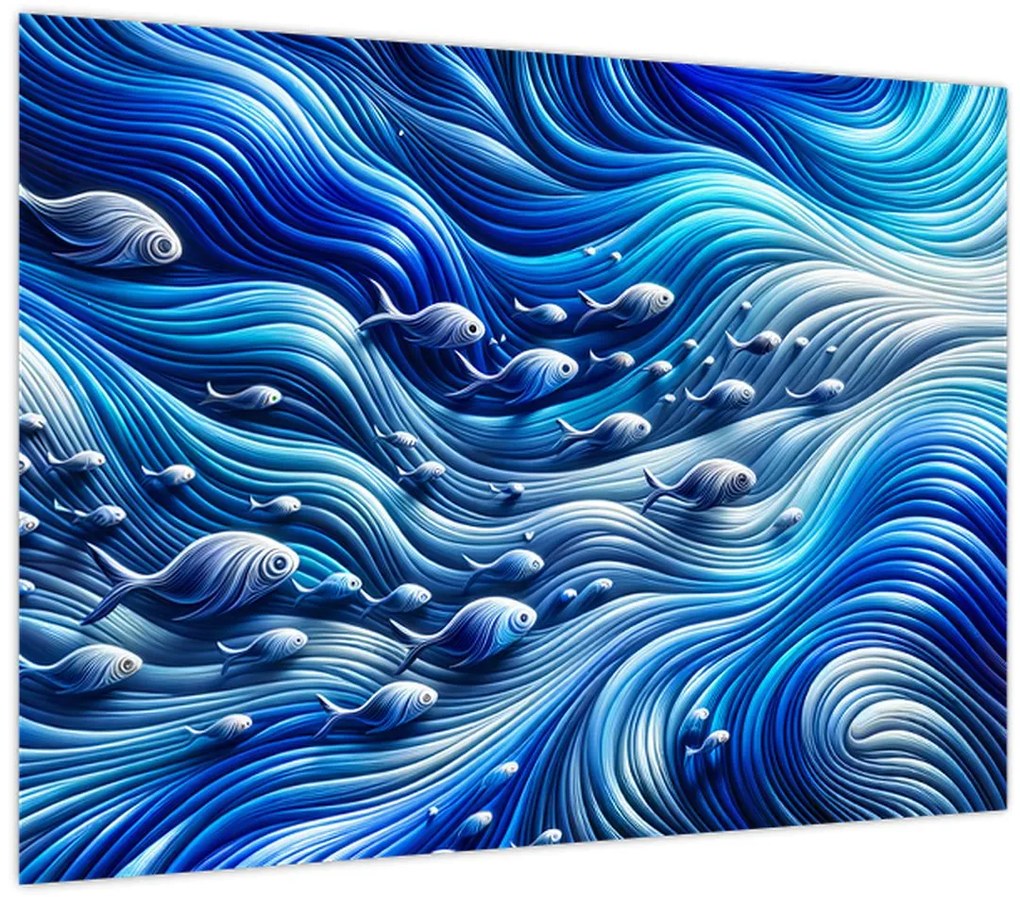 Tablou pe sticlă – Pești în valuri (70x50 cm)