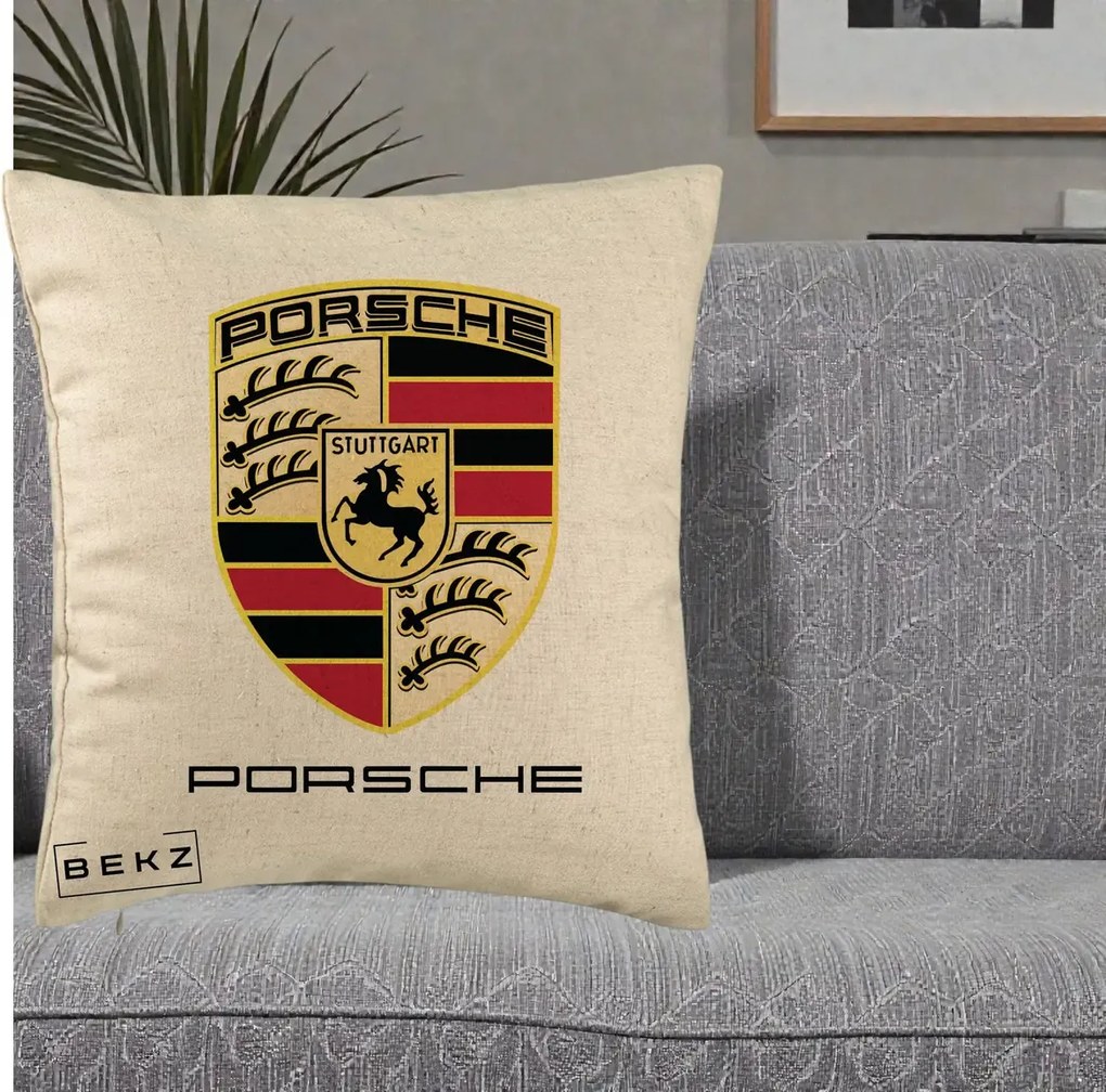 Perna Personalizata Porsche Stuttgart, 40x40 cm, Bej, Husa Detasabila, Perna Inclusa, BEKZ®
