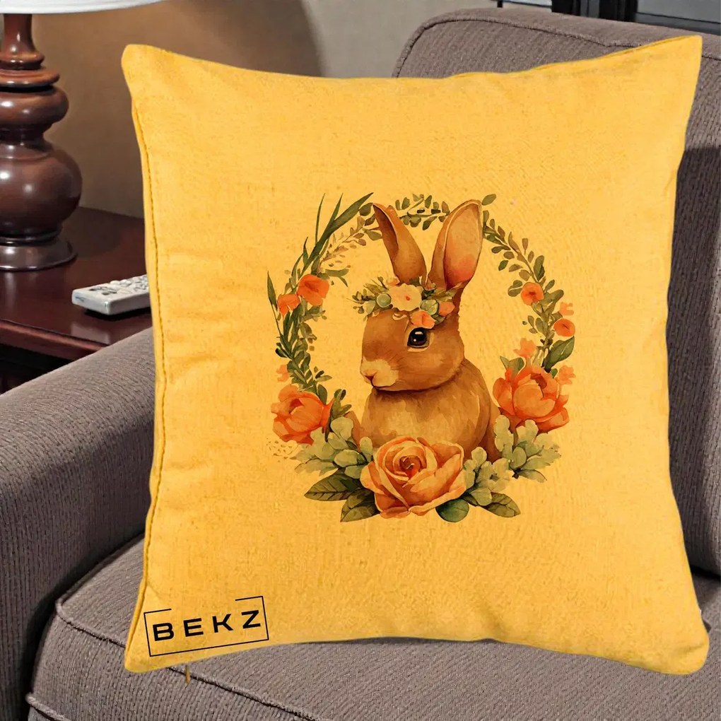 Perna Decorativa Iepuras Floral Coronita Acuarela, 40x40 cm, Galben, Husa Detasabila, Perna Inclusa, BEKZ®