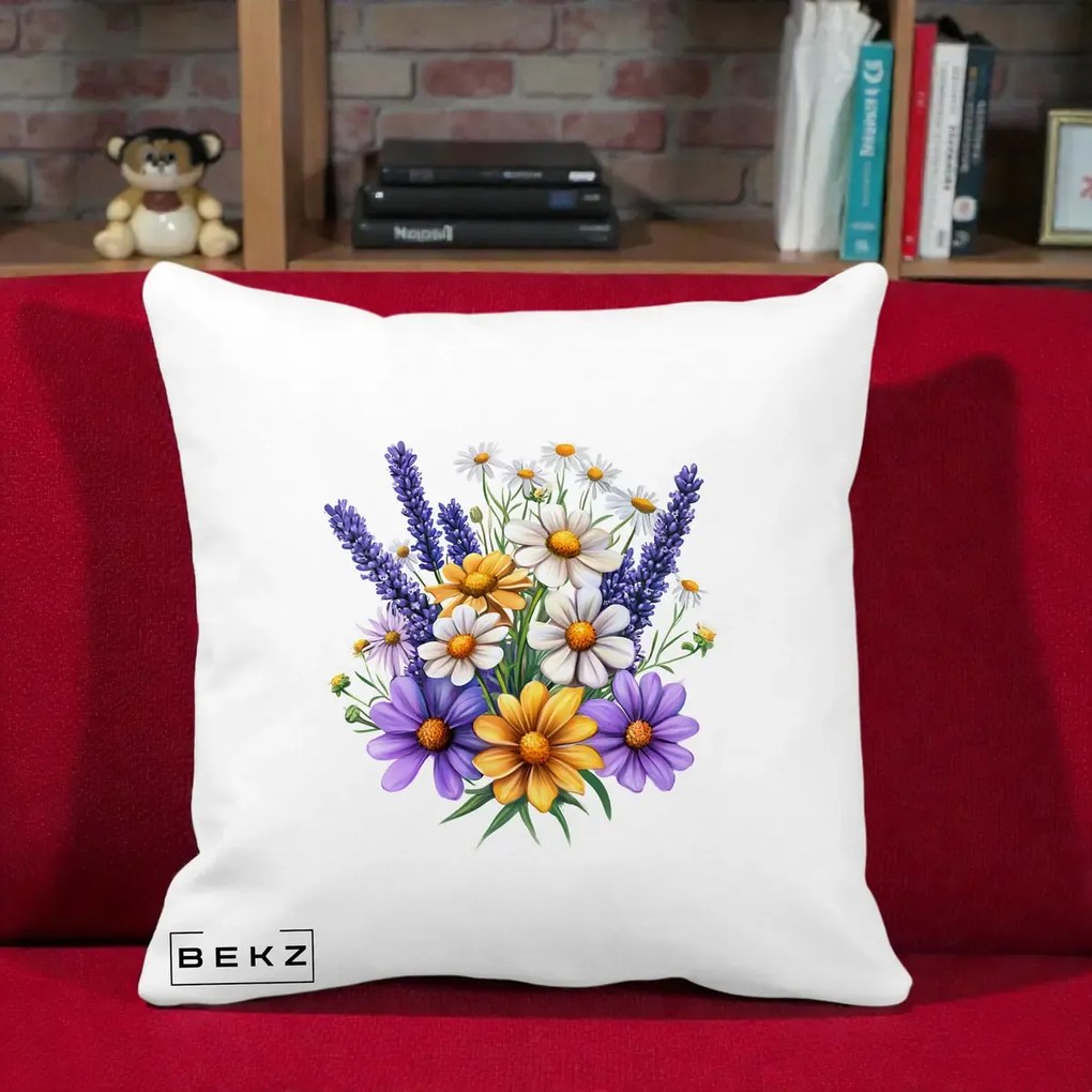 Perna Decorativa Lavanda Musetel si Flori Mov, 40x40 cm, Alba Mata, Husa Detasabila, Perna Inclusa, BEKZ®
