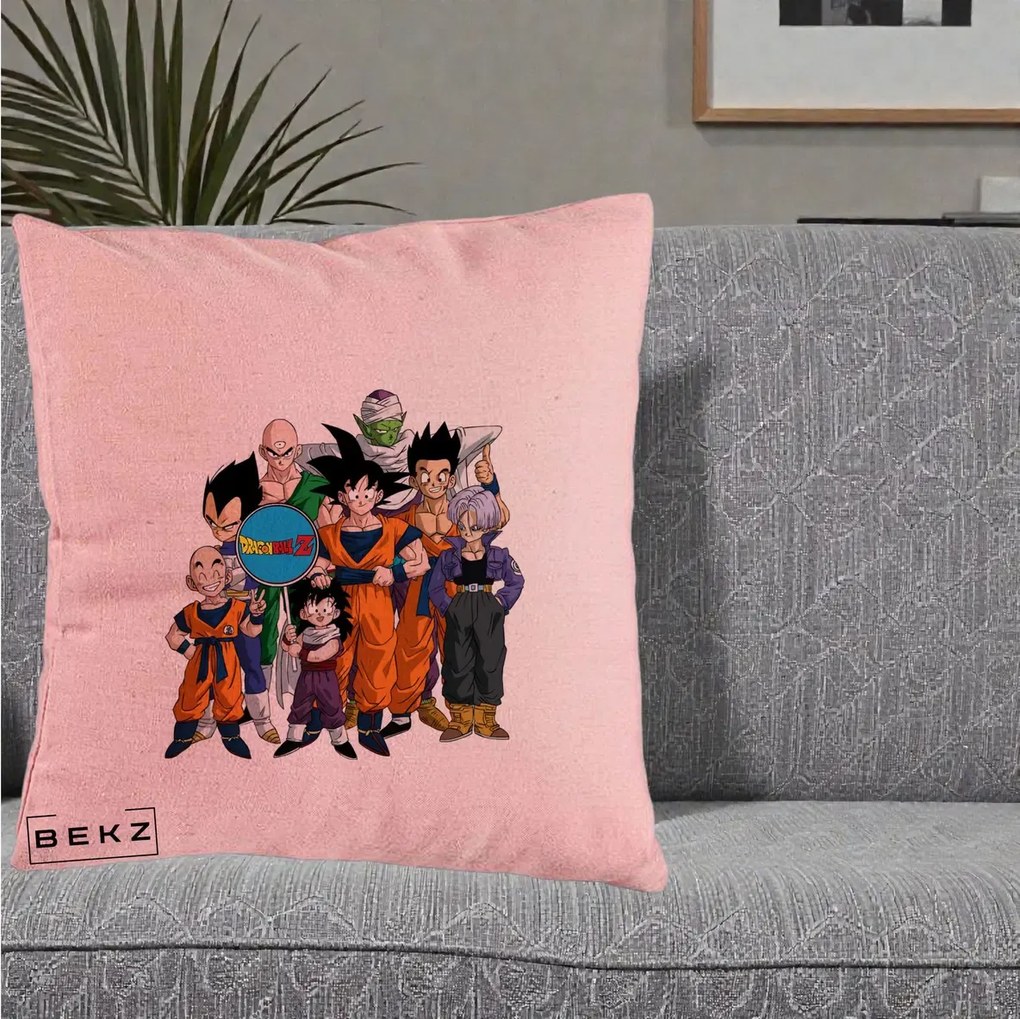 Perna personalizata Dragon Ball Z Grup Complet, 40x40 cm cu Umplutura, Roz, BEKZ