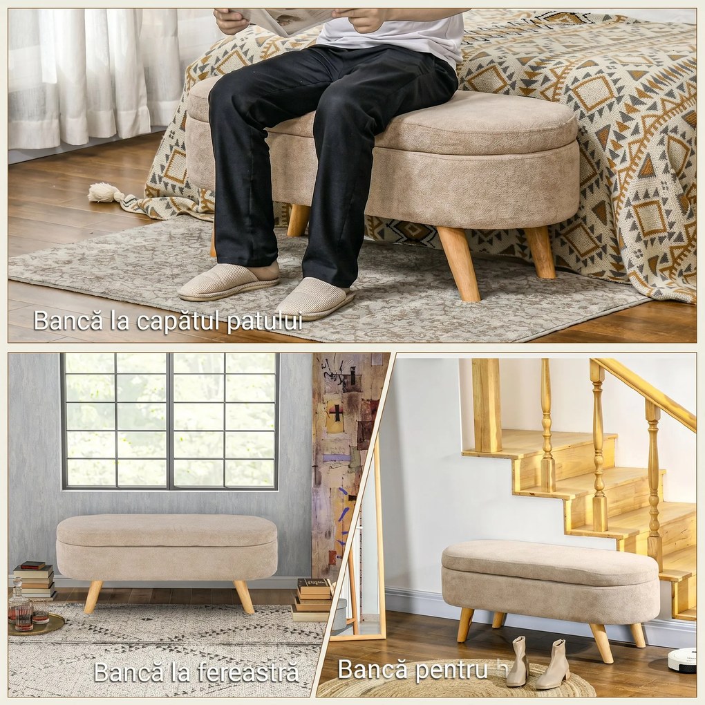 HOMCOM Bancă cu Spațiu de Depozitare Ascuns, Bancă Tapițată cu Picioare din Lemn și Poliester, 110x40x43 cm, Bej | Aosom Romania