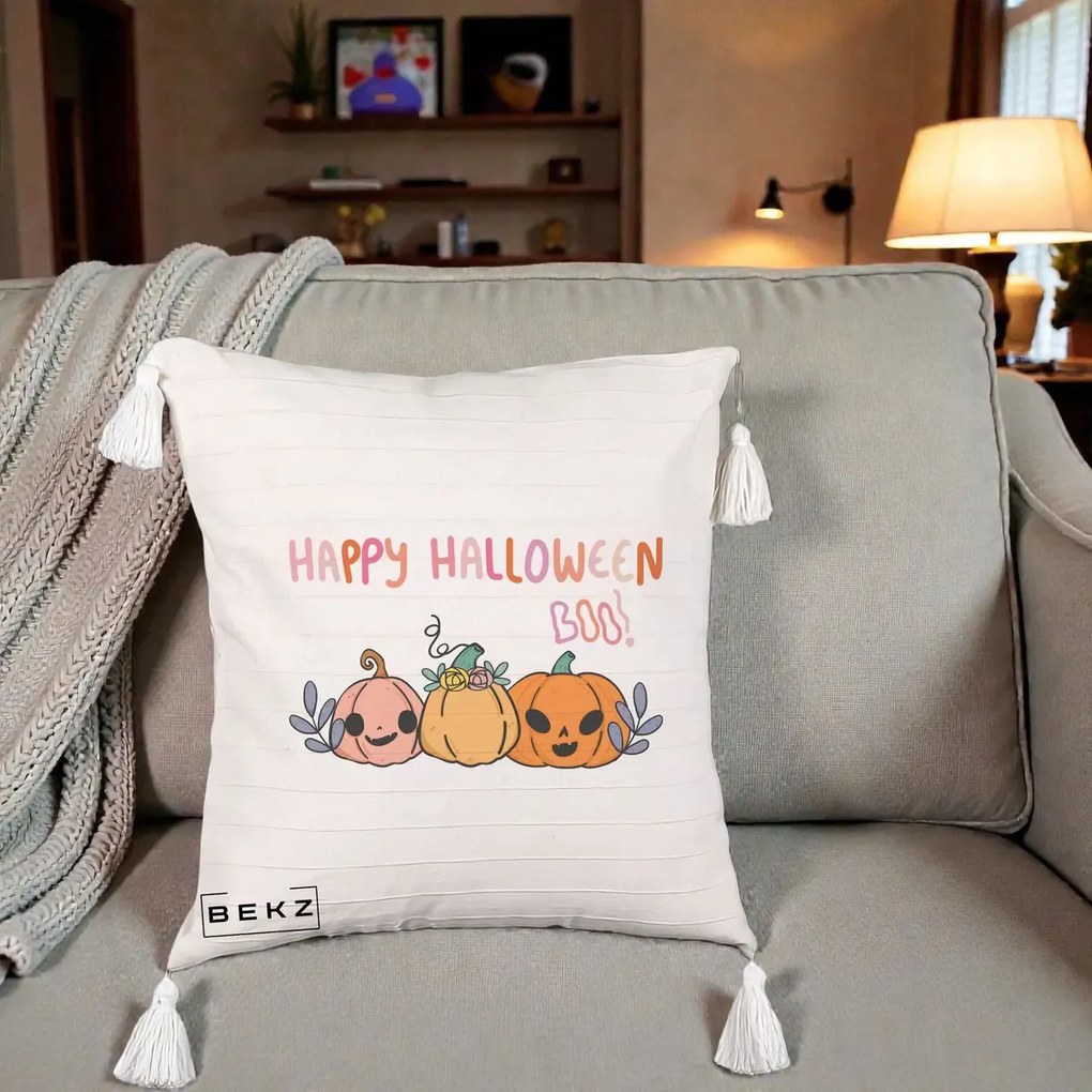 Perna Decorativa Happy Halloween Boo Trei Dovlecei Kawaii, 40x40 cm, Bej cu Franjuri, Husa Detasabila, Perna Inclusa, BEKZ®