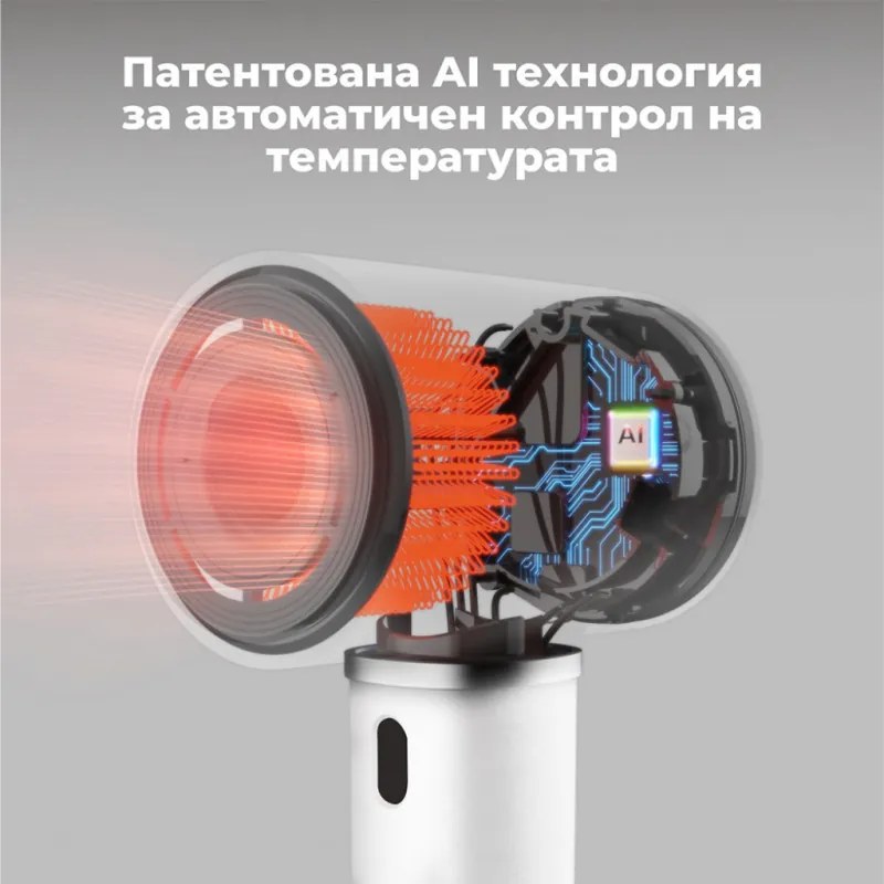Uscător de păr cu motor fără perii AI AENO HD5 AHD0005W, 1500W, 2 viteze, 3 trepte, 67 dB, Control vocal, Alb