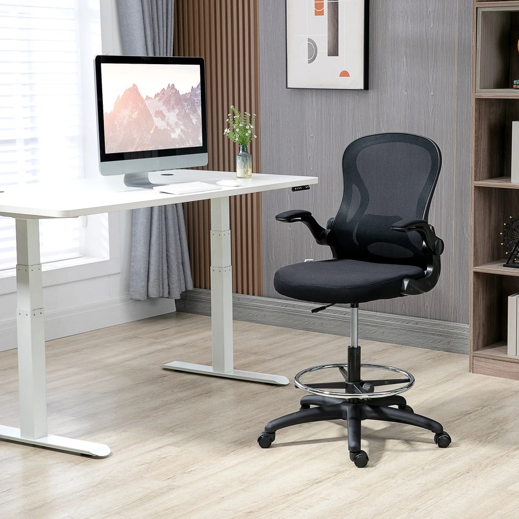 Vinsetto Scaun de Birou Ergonomic, Scaun Rotativ din Plasă, Reglabil pe Înălțime cu Suport pentru Picioare și Cotiere Rabatabile, Capacitate 120kg, Negru | Aosom Romania