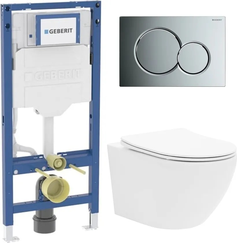 Rezervor WC cu cadru incastrat Geberit Duofix UP320 cu sistem de fixare, clapeta de actionare Sigma01 crom plus vas WC Rune Ivaldi alb cu capac softclose