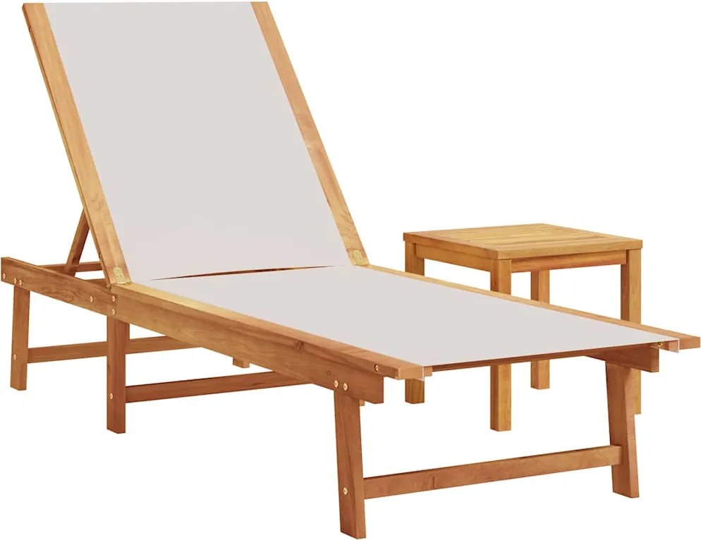 vidaXL Șezlong, gri, cu masă, lemn masiv acacia și textilenă