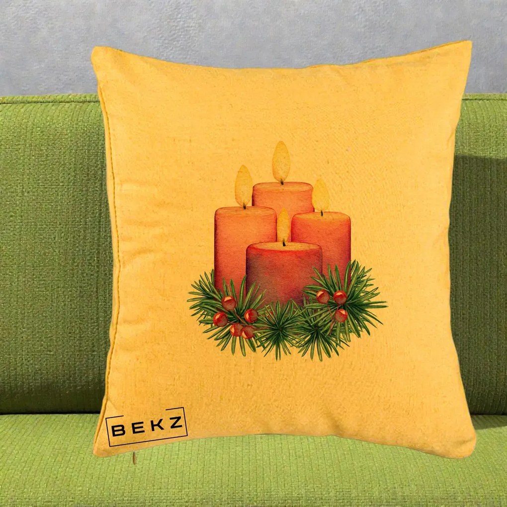 Perna Decorativa Lumanari Advent Roz-Violet, 40x40 cm, Galben, Husa Detasabila, Perna Inclusa, BEKZ®