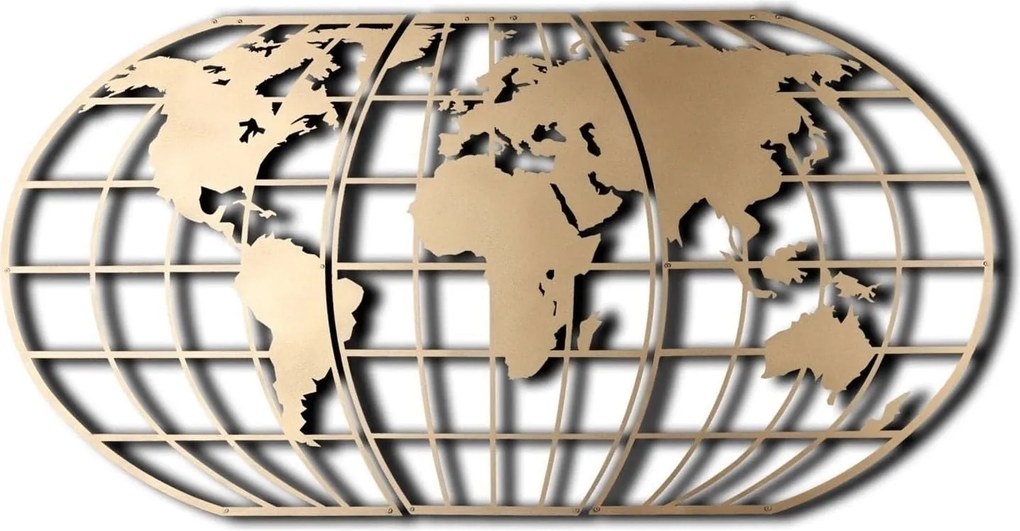 Decoratiune perete WORLD MAP GLOBE, auriu, metal, 120x60 cm