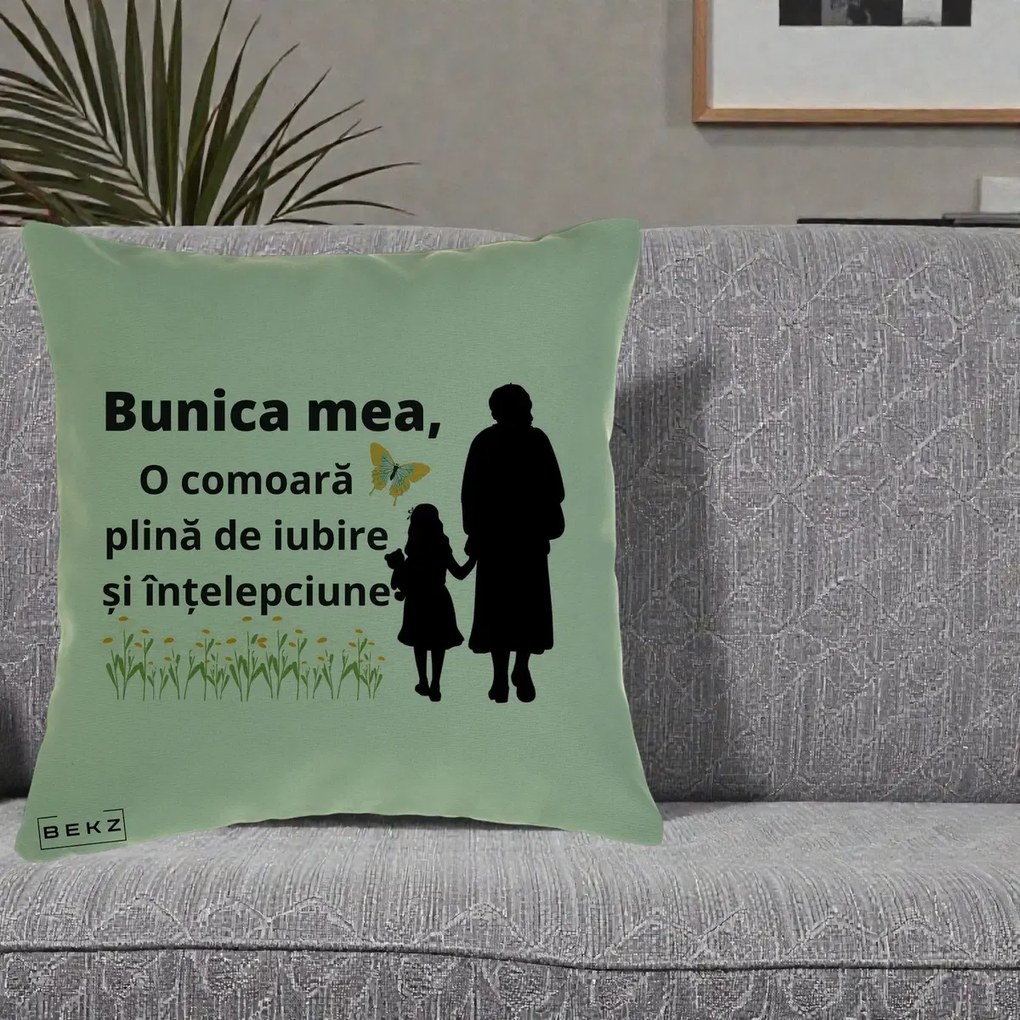 Cadou pentru Bunica - Perna Personalizata Bunica Mea Comoara Iubire Intelepciune Varianta Extinsa, 40x40 cm, Verde, Husa Detasabila, Perna Inclusa, BEKZ®