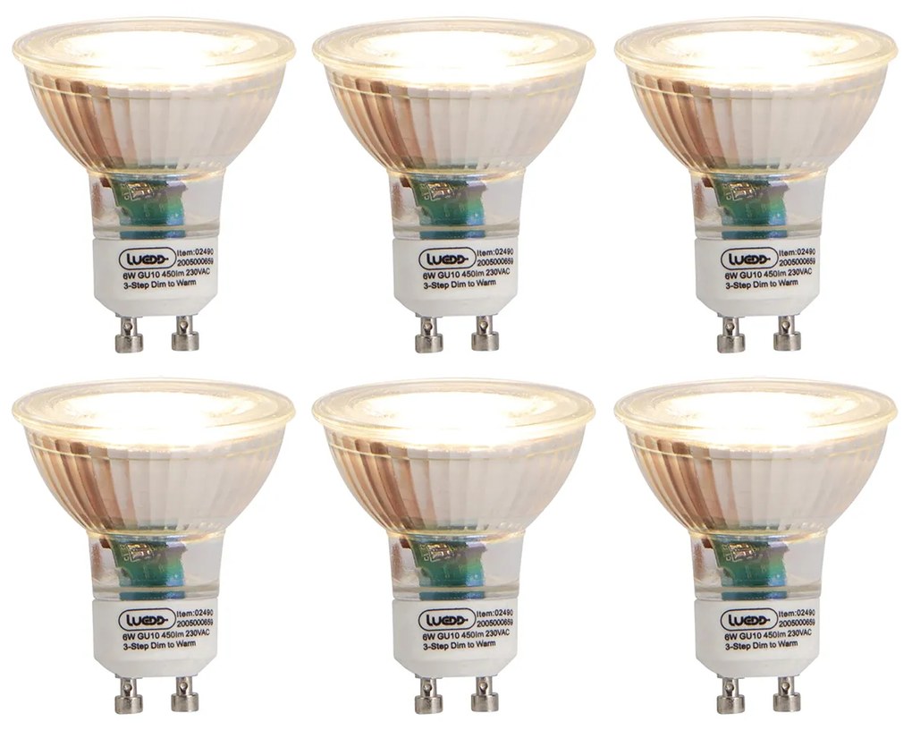 Set de 6 becuri LED GU10 cu 3 trepte de reglare a luminozității, de la cald la extra cald, 6W 450lm 2000K - 2700K