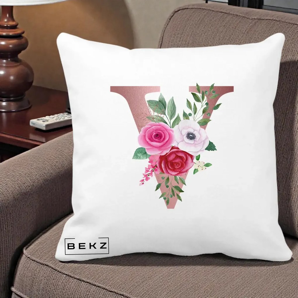 Cadou Personalizat - Perna Personalizata Monograma Rose Gold Litera V, 40x40 cm, Alba Mata, Husa Detasabila, Perna Inclusa, BEKZ®