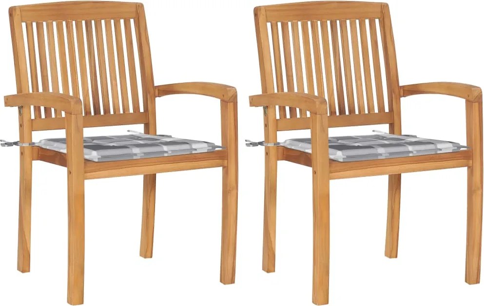 vidaXL Scaune grădină, perne gri model carouri, 2 buc., lemn masiv tec