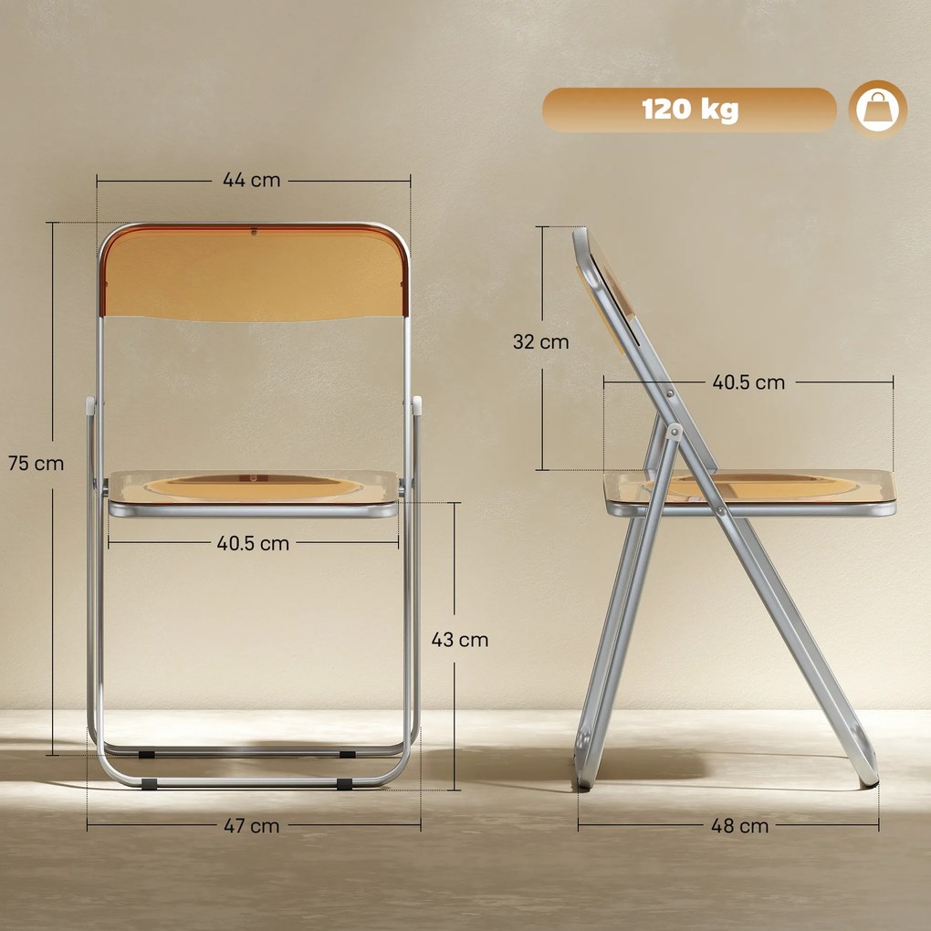 HOMCOM Set de 4 Scaune Pliabile din Acril, Scaune Pliabile Economisitoare de Spațiu din Oțel, Scaun Pliabil pentru Interior pentru Casă, Birou, Petreceri și Evenimente, 47x48x75 cm, Portocaliu | Aosom Romania