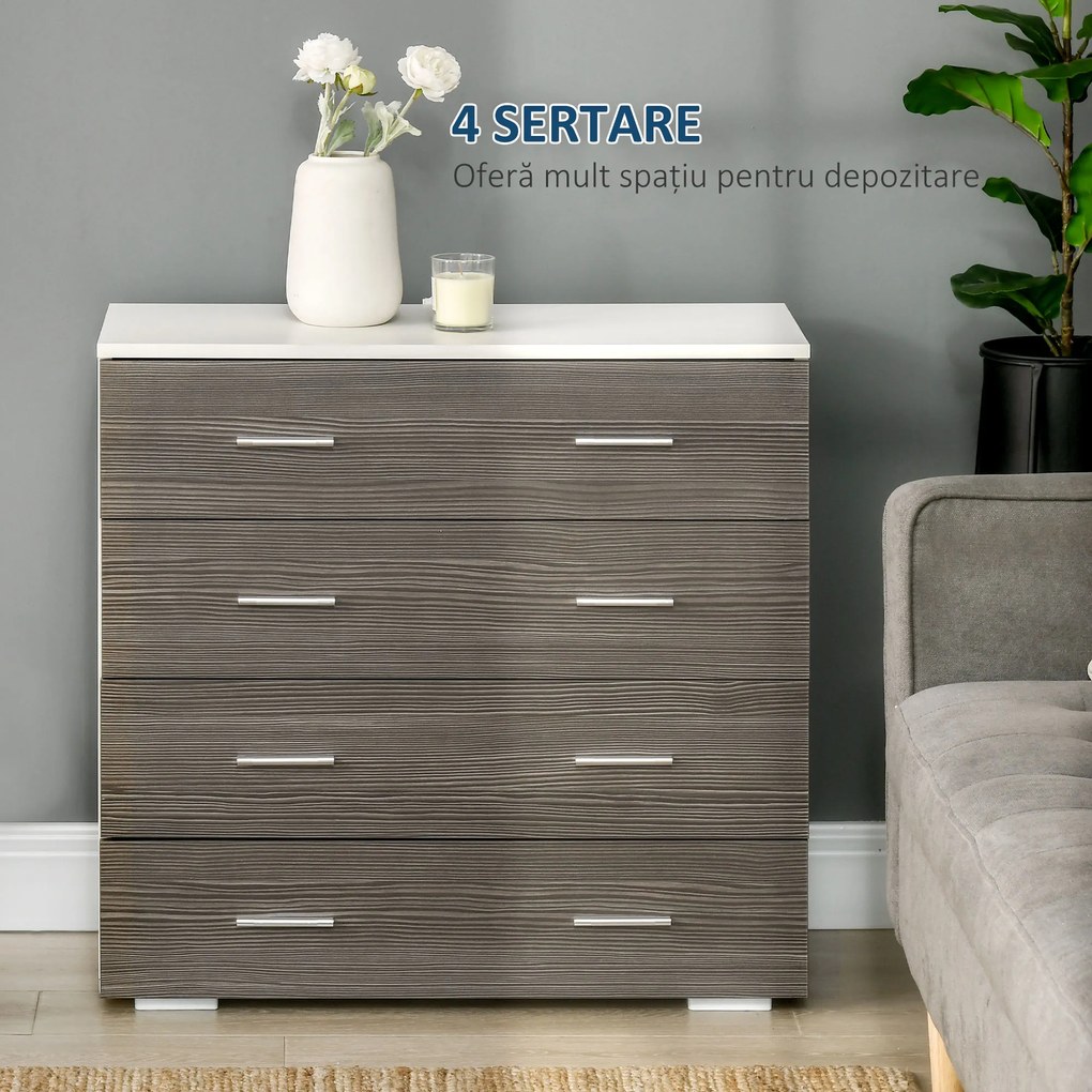 HOMCOM Comodă Modernă cu 4 Sertare, Manere din Aluminiu, Structură din Lemn, 76x35x72 cm, Alb și Gri | Aosom Romania