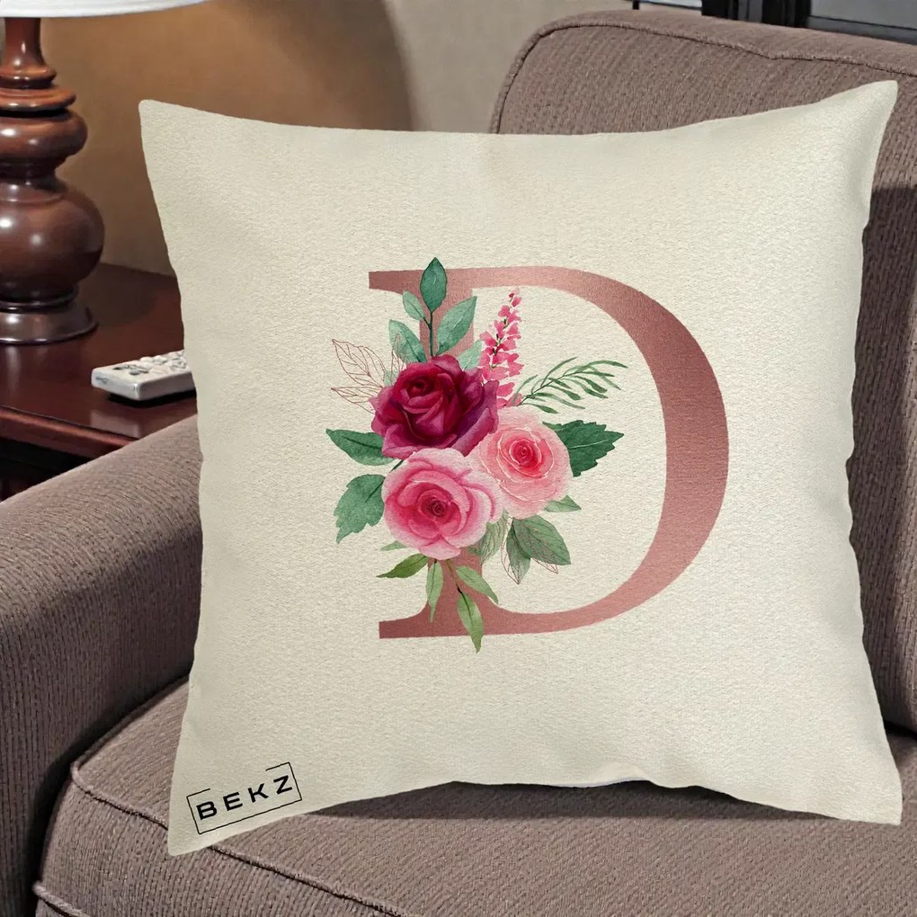 Cadou Personalizat - Perna Personalizata Monograma Rose Gold Litera D, 40x40 cm, Ecru, Husa Detasabila, Perna Inclusa, BEKZ®