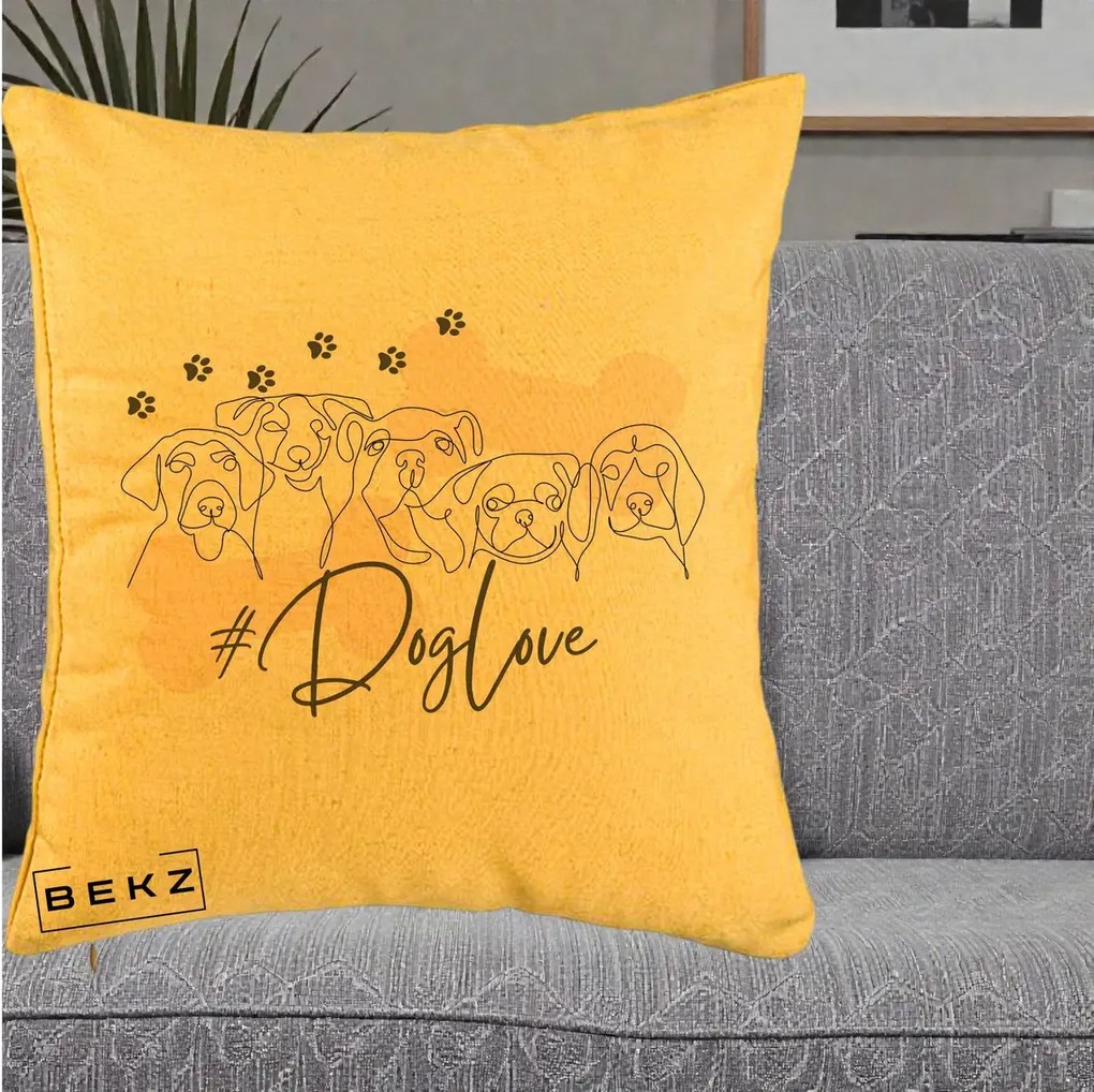 Perna Personalizata Dog Love Linie Minimalista, 40x40 cm, Galben, Husa Detasabila, Perna Inclusa, BEKZ®