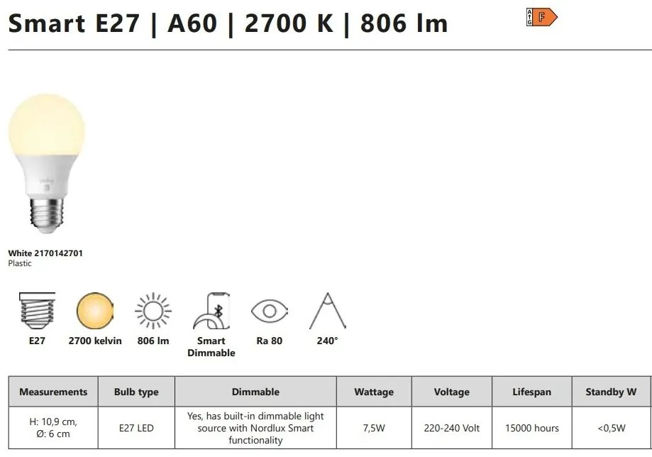 Bec Smart E27 A60 7,5W 2700K 806Lm White