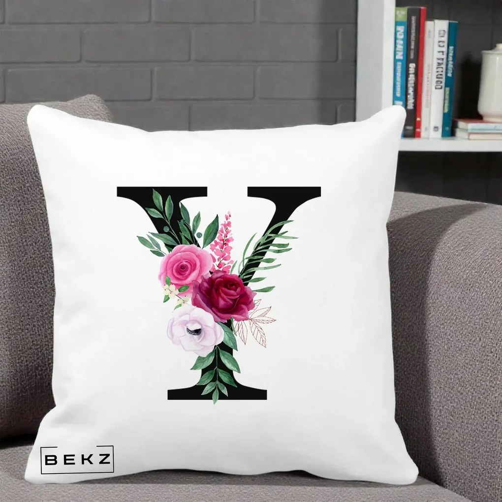 Cadou Personalizat - Perna Personalizata Monograma Florala Litera Y cu Buchet, 40x40 cm, Alba Mata, Husa Detasabila, Perna Inclusa, BEKZ®