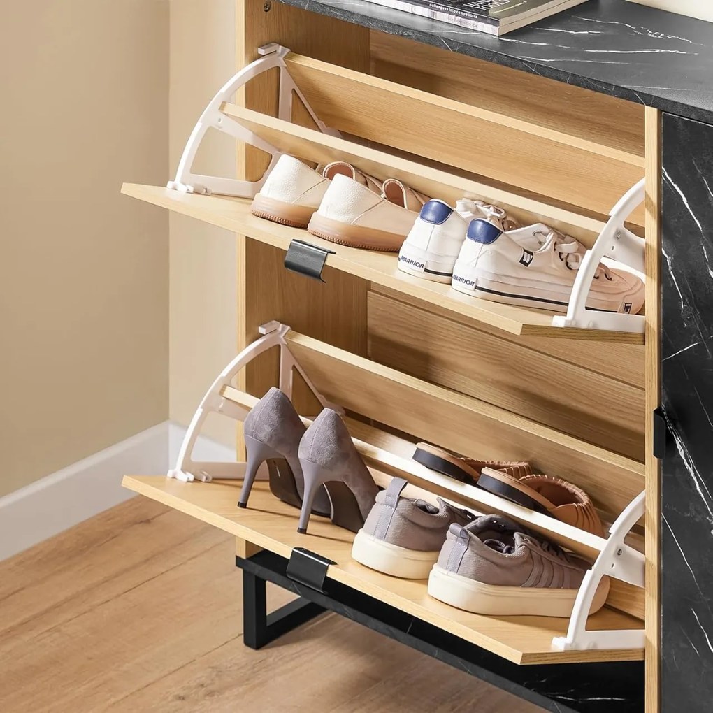 PANM7 - Pantofar 90 cm cu 2 compartimente si rafturi, pantofare, depozitare pantofi, mobilier hol riflaje - Maro - Negru imitatie de marmura