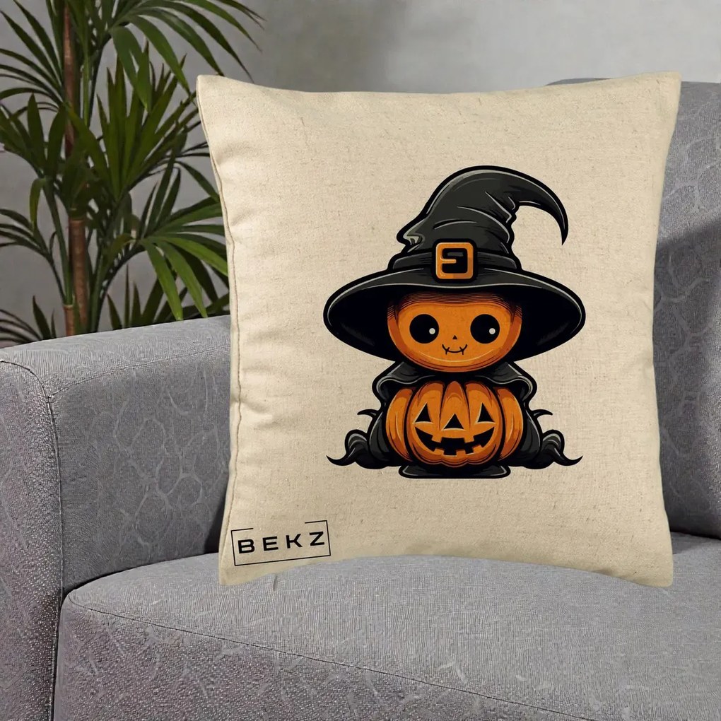Perna Decorativa Halloween Dovleac Vrajitor Kawaii, 40x40 cm, Bej, Husa Detasabila, Perna Inclusa, BEKZ®