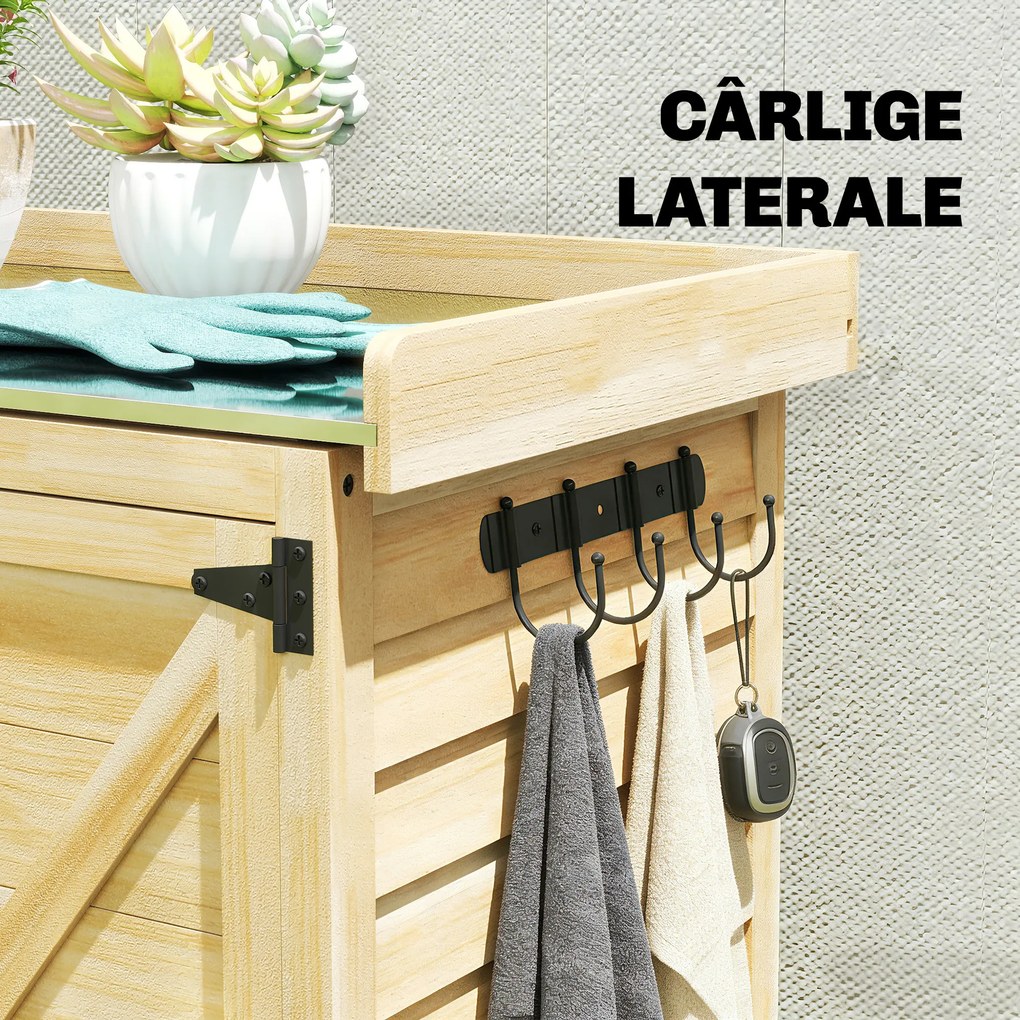 Outsunny Căsuță de Grădină din Lemn de Molid cu Rafturi și Cârlige Laterale, Dulap de Grădină cu Uși Duble și Blat de Lucru din Metal Zincat pentru Terasă, 71,5x39x95cm, Naturală | Aosom Romania