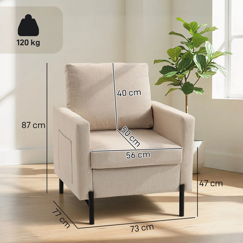 HOMCOM Fotoliu de salon, canapea 1 loc căptușită cu cotieră, șezut lat și picioare din oțel, 73 x 77 x 87 cm, bej | Aosom Romania