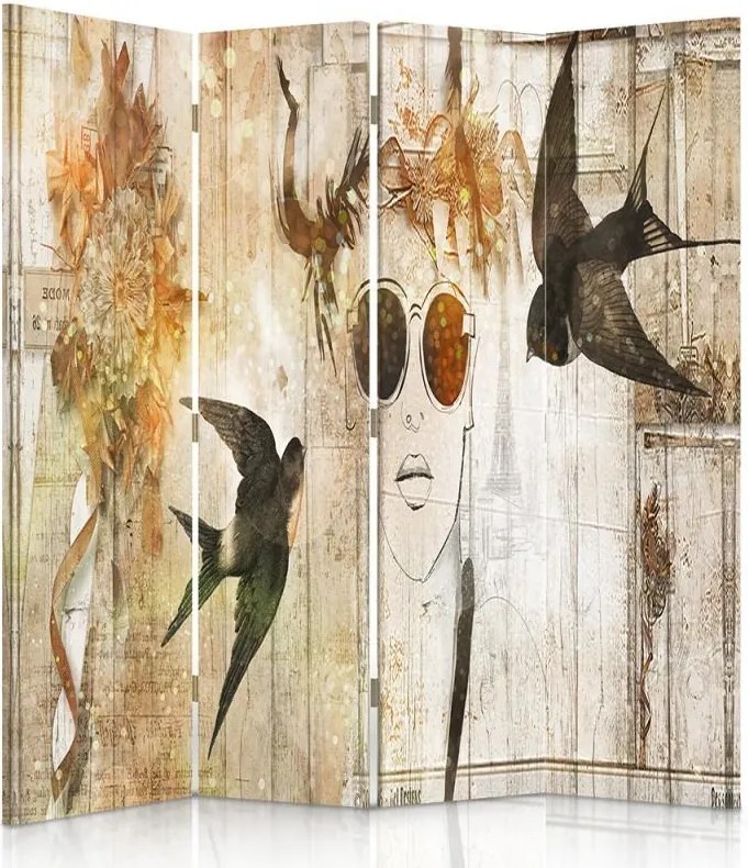 CARO Paravan - A Girl With Glasses And Swallows | cvadripartit | unilateral 145x150 cm