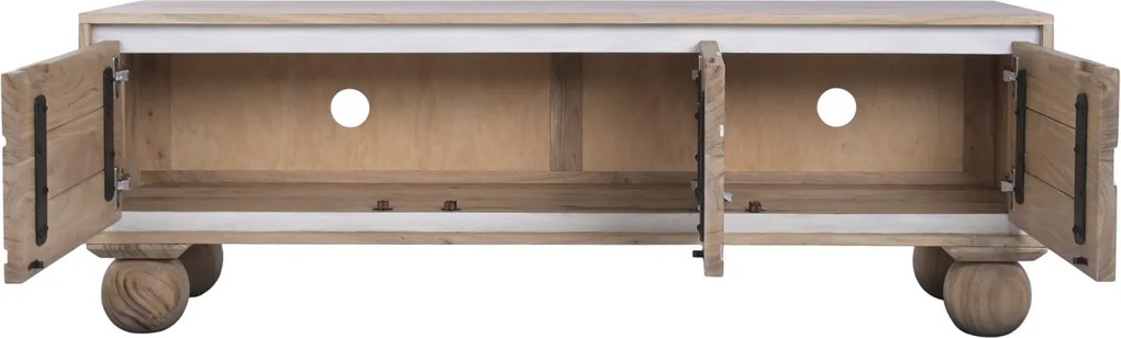 Comodă TV living din lemn de acacia, natur, cu 3 uși, decor alb și picioare sferice, 50 x 145 x 40 cm, „Alvera”