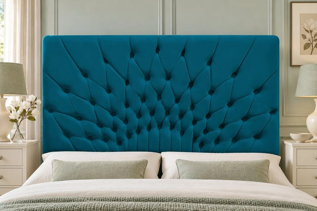 Pat tapițat Chesterfield din catifea Venezia 160×200 cm, turcoaz, cu ladă de depozitare