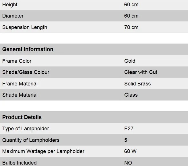Candelabru cu 5 brate, elegant design LUX Budapest, auriu LU 1440/5 gold/411 klar-Schliff OR