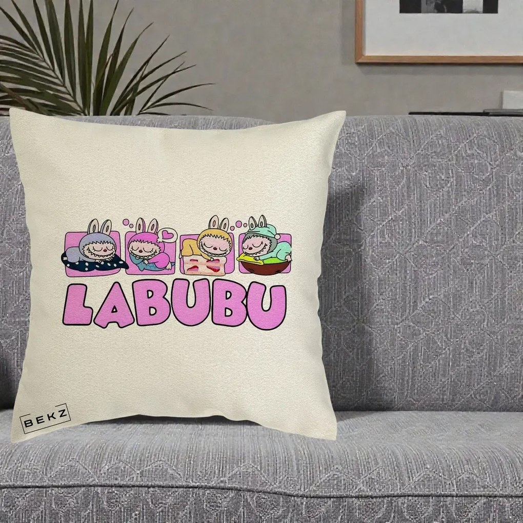 Perna Personalizata Labubu Sleeping Quad, 40x40 cm, Ecru, Husa Detasabila, Perna Inclusa, BEKZ®