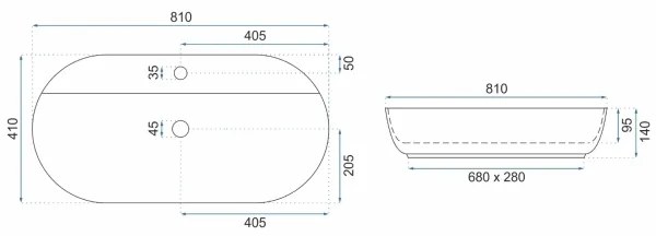 REA-U2541 - Lavoar AURA pentru blat, 41 x 81 cm, din ceramică, alb lucios