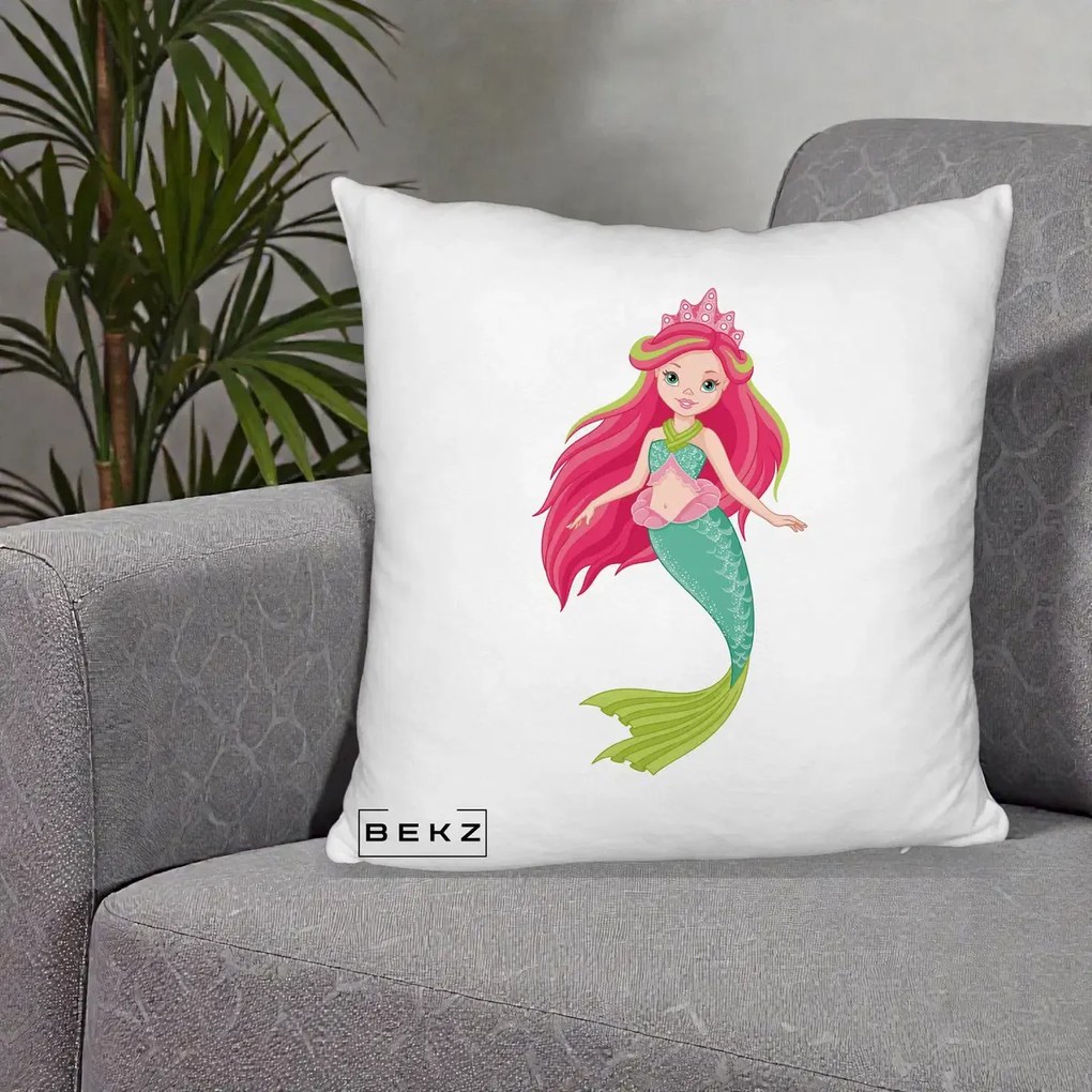 Perna Decorativa Sirena Roz cu Coroana, 40x40 cm, Alb Pufos, Husa Detasabila, Perna Inclusa, BEKZ®