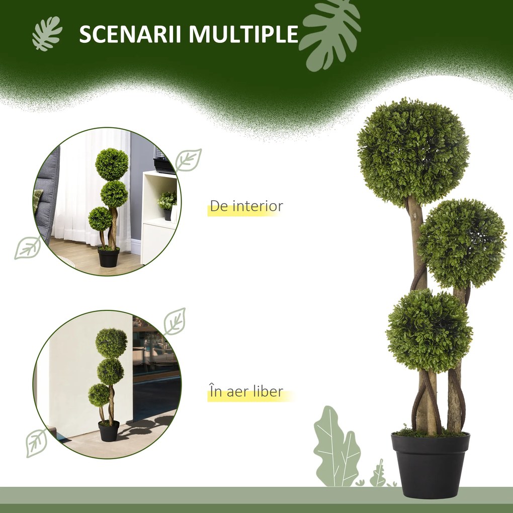 HOMCOM Plante Artificiale Decorative Buxus, Planță Sferică în Ghiveci, Plante Artificiale pentru Decor de Interior și Exterior, 90cm | Aosom Romania