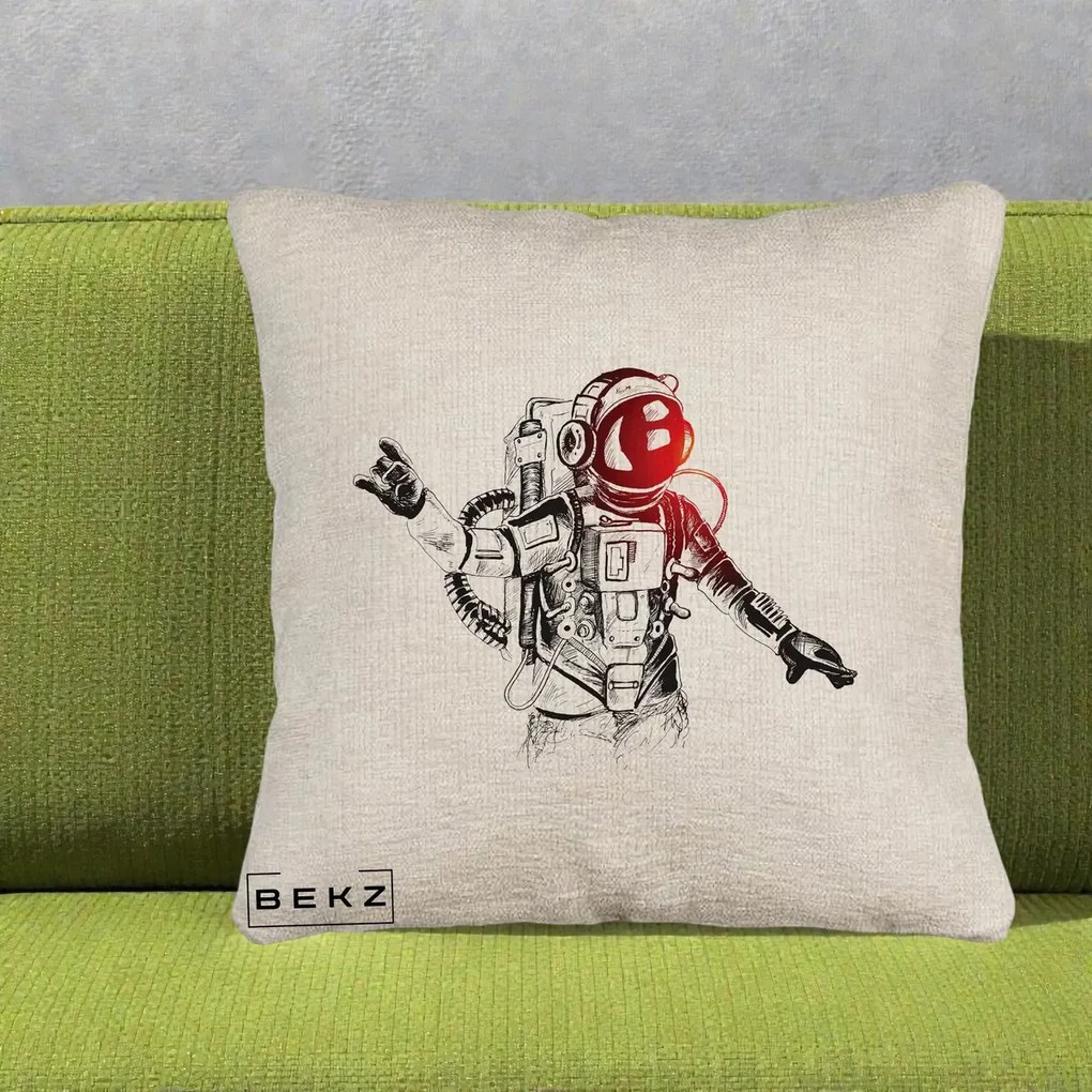 Perna Decorativa Astronaut Rock Sketching, 40x40 cm, Bej Canapea, Husa Detasabila, Perna Inclusa, BEKZ®
