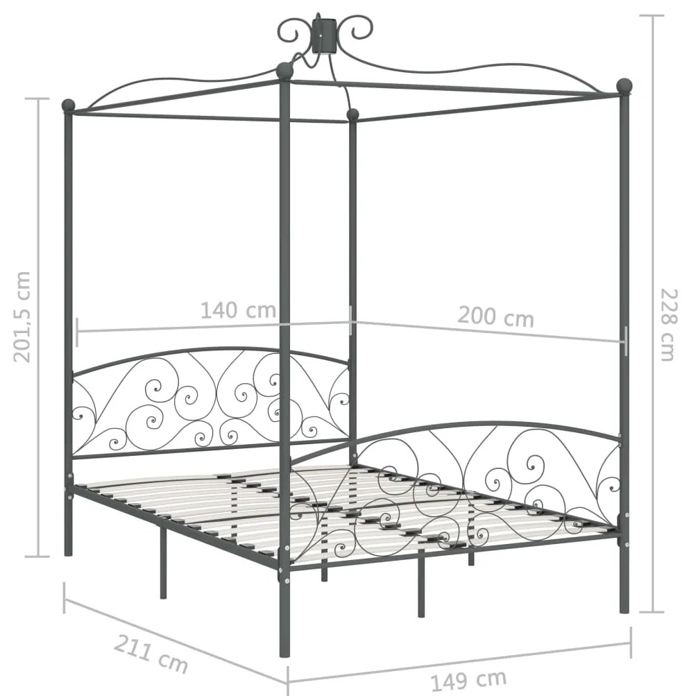 Cadru de pat cu baldachin, gri, 140 x 200 cm, metal Gri, 140 x 200 cm