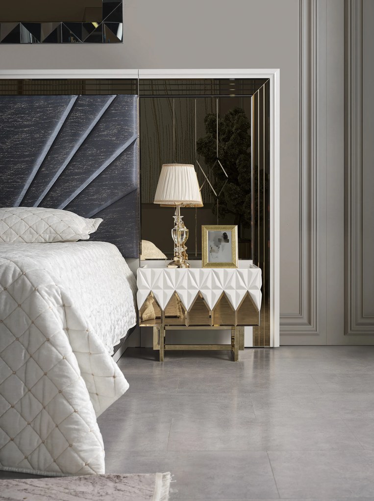 Set dormitor complet - premium lav - alb cu auriu