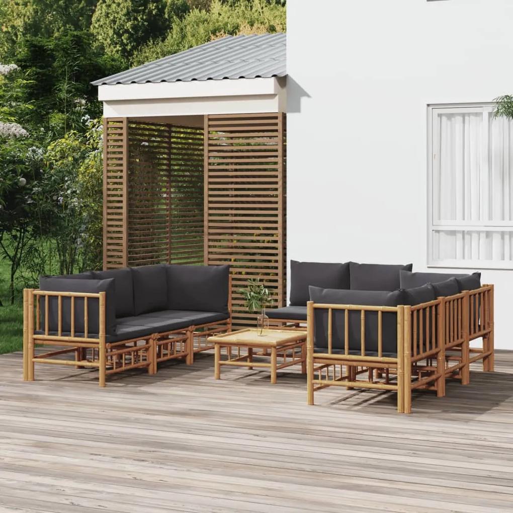 3155219 vidaXL Set mobilier de grădină cu perne gri închis, 9 piese, bambus