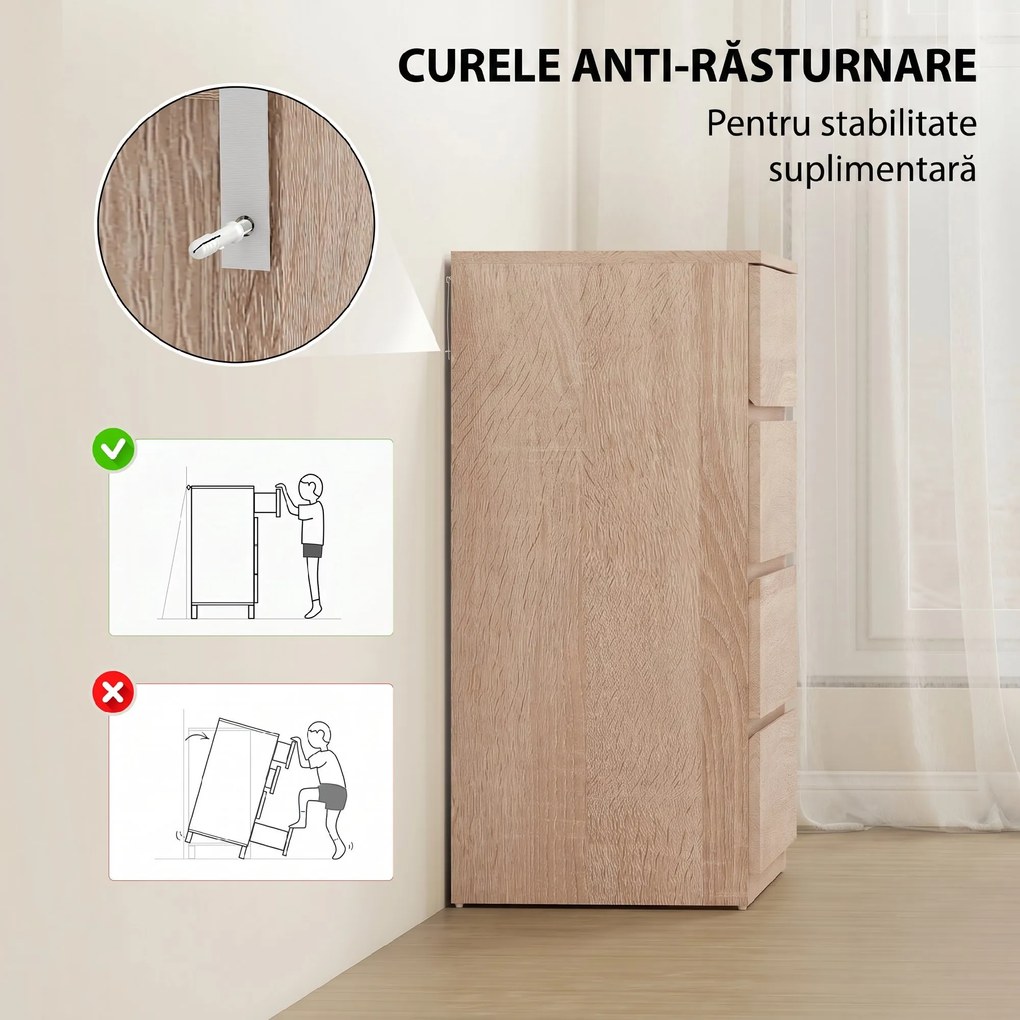 HOMCOM Comodă cu 4 Sertare, Dulap Înalt pentru Dormitor, Comodă cu Sertare cu Ghidaje Metalice și Mânere Scanalate, Alb | Aosom Romania