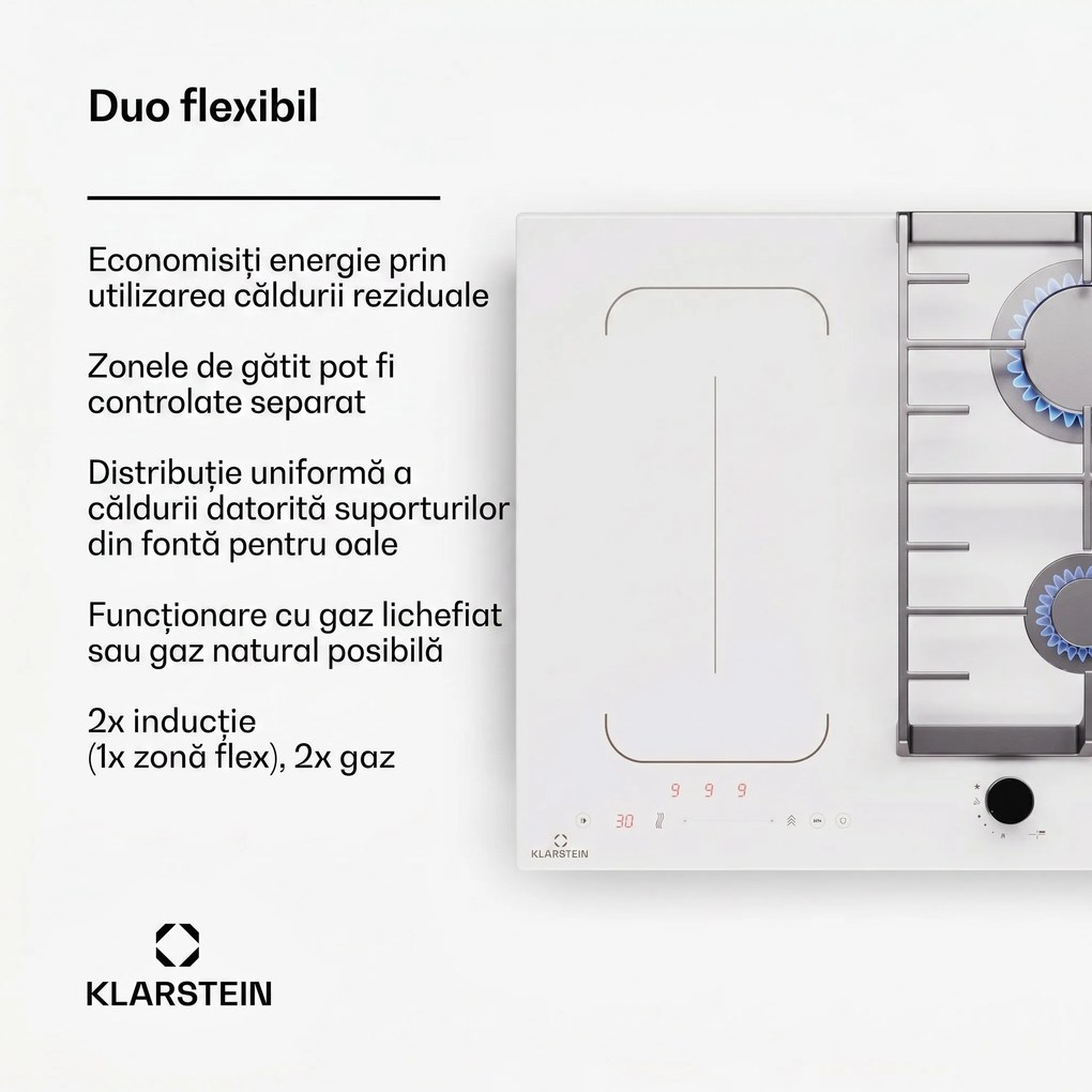 Klarstein MultiChef 4, plită cu inducție și gaz, 4 zone de gătit, 2 arzătoare cu gaz, 2 plite cu inducție, FlexZone