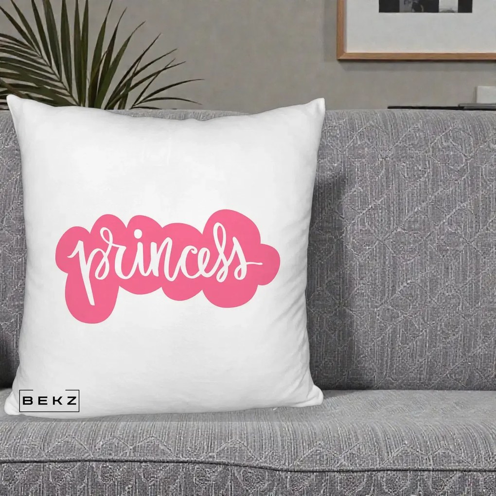 Perna Decorativa Princess Text Roz, 40x40 cm, Alb Pufos, Husa Detasabila, Perna Inclusa, BEKZ®
